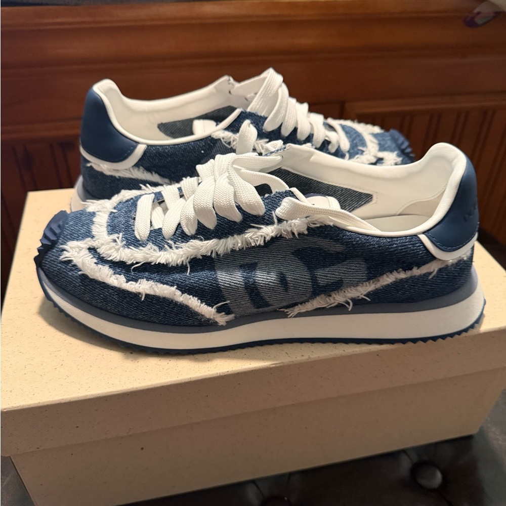 Dolce & Gabbana Frayed Denim Blue Logo Runner Sneakers - Women